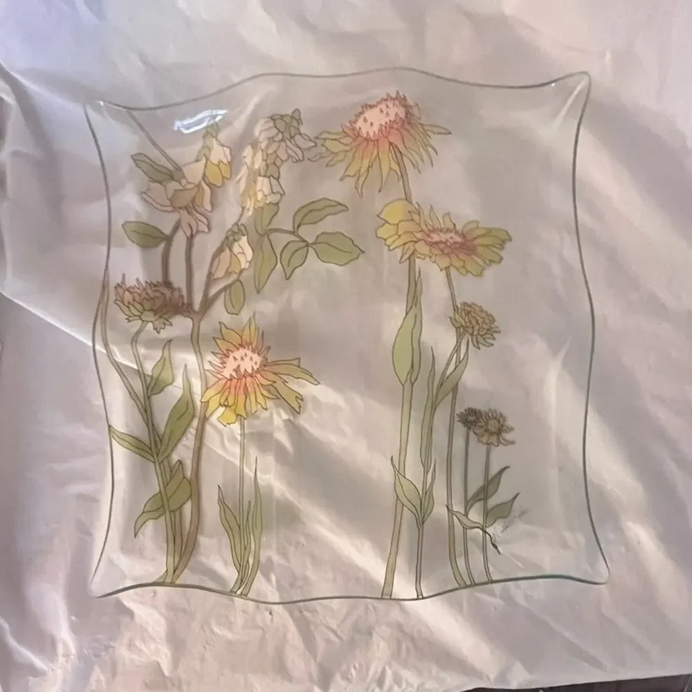 Mid Century Dorothy Thorpe Hand Painted 3 Section Glass Tray Floral - Signed